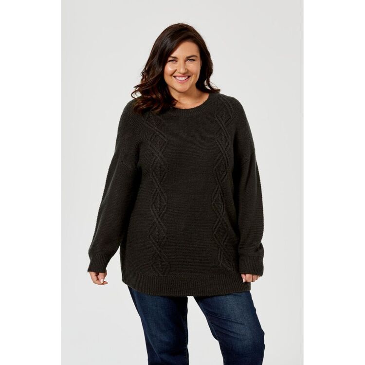 Khoko Plus Cable Detail Tunic Jumper Charcoal Marle