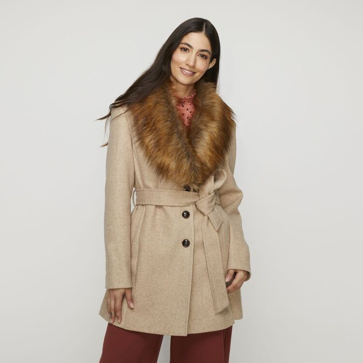 Leona Edmiston Ruby Oatmeal Fur Trim Coat