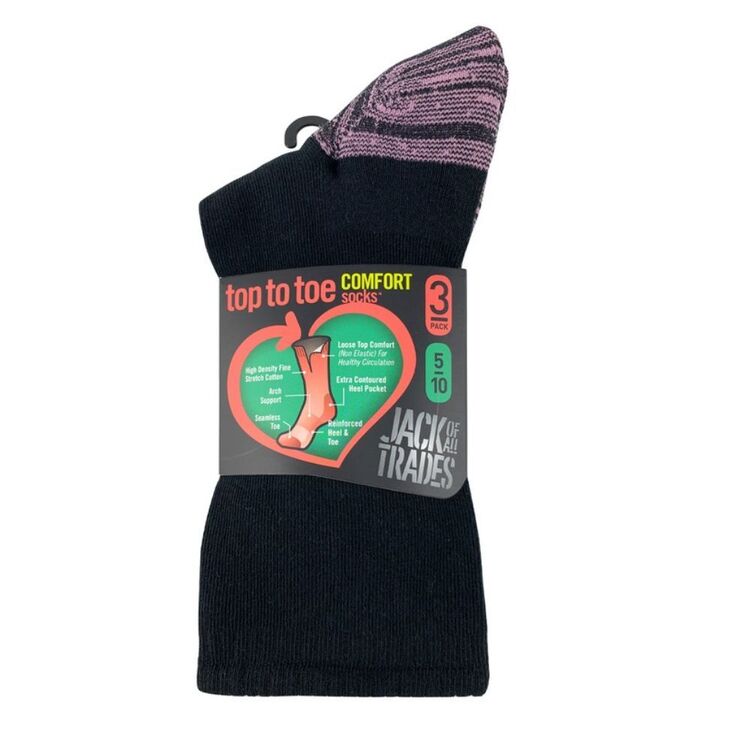 Jack Of All Trades Women's Cotton Health Comfort Socks 3 Pack Black & Pink