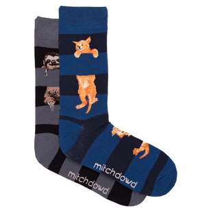 Mitch Dowd Men's Stripe Sloth & Cat Sock 2 Pack Multicoloured 8 - 13