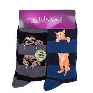 Mitch Dowd Men's Stripe Sloth & Cat Sock 2 Pack Multicoloured 8 - 13