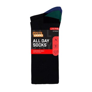 Underworks Men's All Day Heel & Toe Cushion Crew Socks 2 Pack Black Base