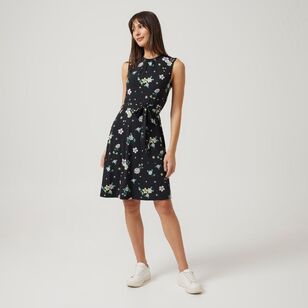 Khoko Smart Women's Poppy Print Jersey Fit And Flare Dress Black