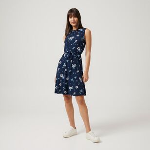 Khoko Smart Women's Poppy Print Jersey Fit And Flare Dress Navy