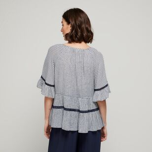 Khoko Collection Women's Print Crinkle Peasant Blouse Gingham Blue