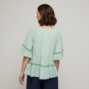 Khoko Collection Women's Print Crinkle Peasant Blouse Green Gingham