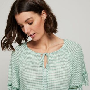 Khoko Collection Women's Print Crinkle Peasant Blouse Green Gingham