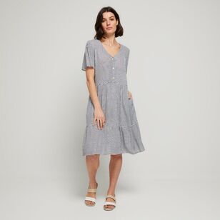 Khoko Collection Women's Crinkle Button Dress Gingham Blue