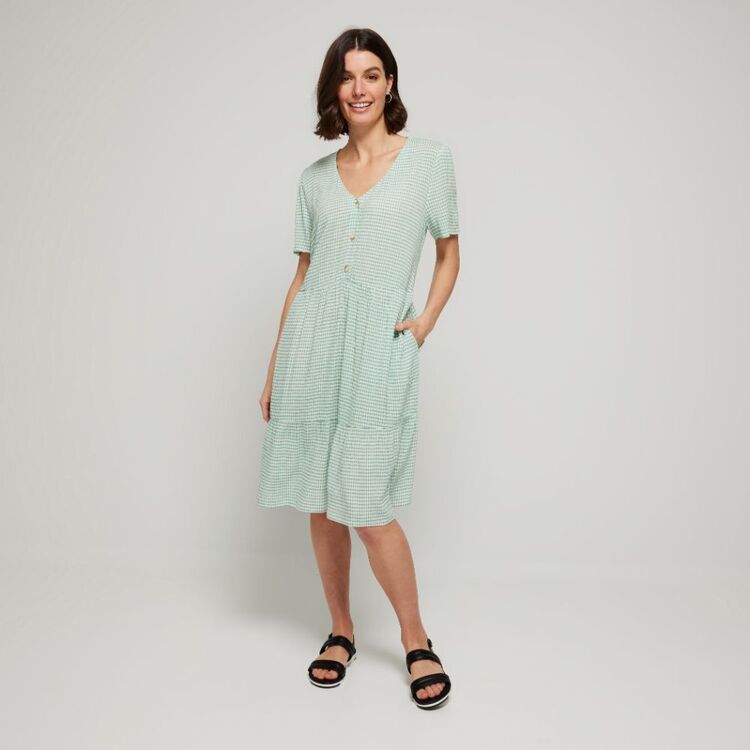 Khoko Collection Women's Crinkle Button Dress Green Gingham