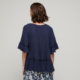 Khoko Collection Women's Crinkle Peasant Blouse Navy