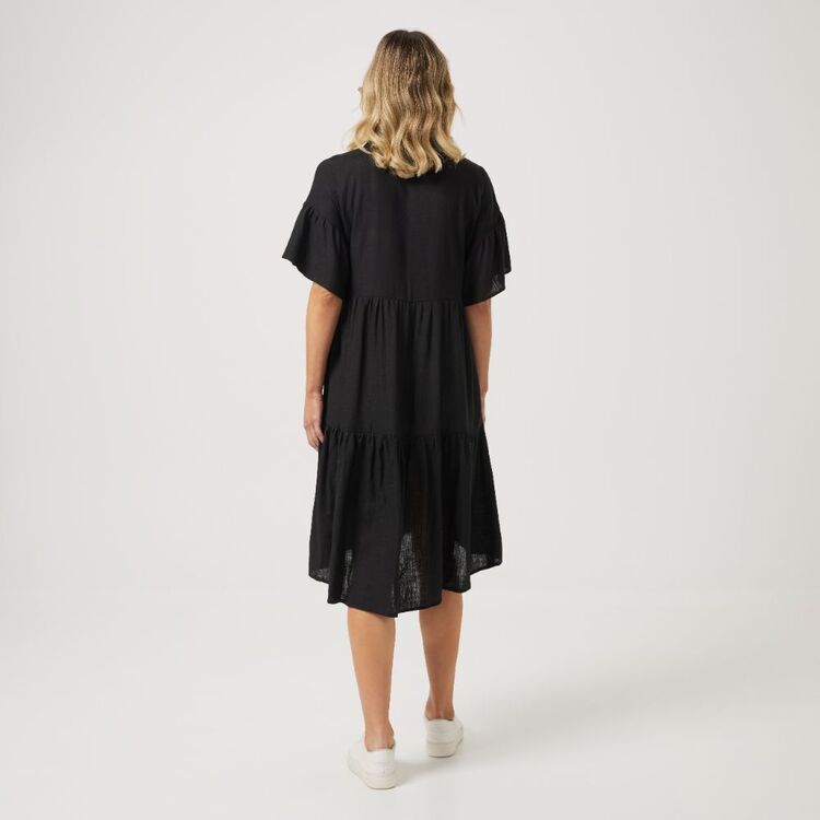 Khoko Collection Women's Viscose Linen Midi Shirt Dress Black 12