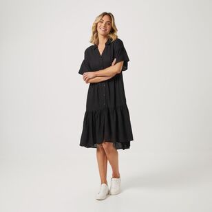 Khoko Collection Women's Viscose Linen Midi Shirt Dress Black 12