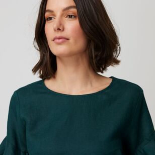 Khoko Collection Women's Ruffle Sleeve Linen Top Dark Green