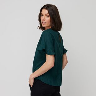 Khoko Collection Women's Ruffle Sleeve Linen Top Dark Green