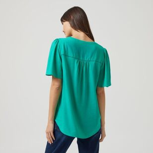 Khoko Collection Women's Linen Blend Top With Ladder Stitch Trim Green 12