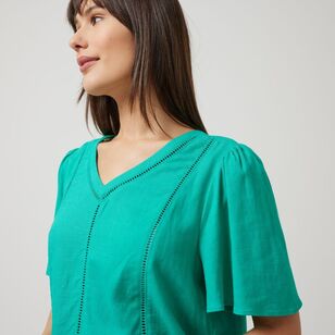 Khoko Collection Women's Linen Blend Top With Ladder Stitch Trim Green 12