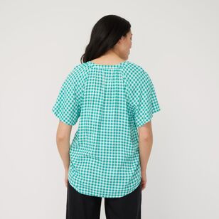 Khoko Collection Women's Flounce Sleeve Linen Blend Top Green Gingham