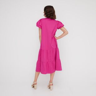 Leona Edmiston Ruby Women's Puff Sleeve Poplin Dress Fuchsia 12