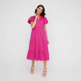 Leona Edmiston Ruby Women's Puff Sleeve Poplin Dress Fuchsia 12