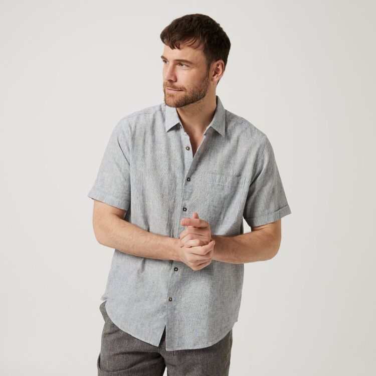 JC Lanyon Men's Austin Linen Cotton End On End Short Sleeve Shirt Navy