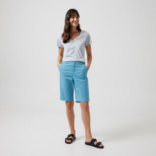 Khoko Collection Women's Stretch Cotton Chino Short Blue