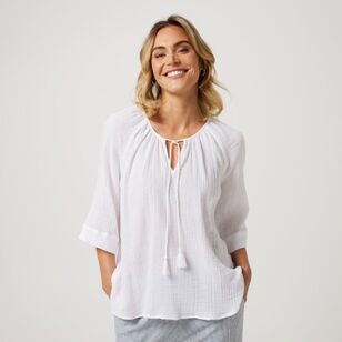 Khoko Collection Women's Double Cloth Peasant Top White