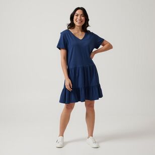 Khoko Collection Women's Cotton Slub Tier Shirt Dress Navy