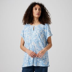 Khoko Collection Women's Split Neck Linen Viscose Tee Blue Print
