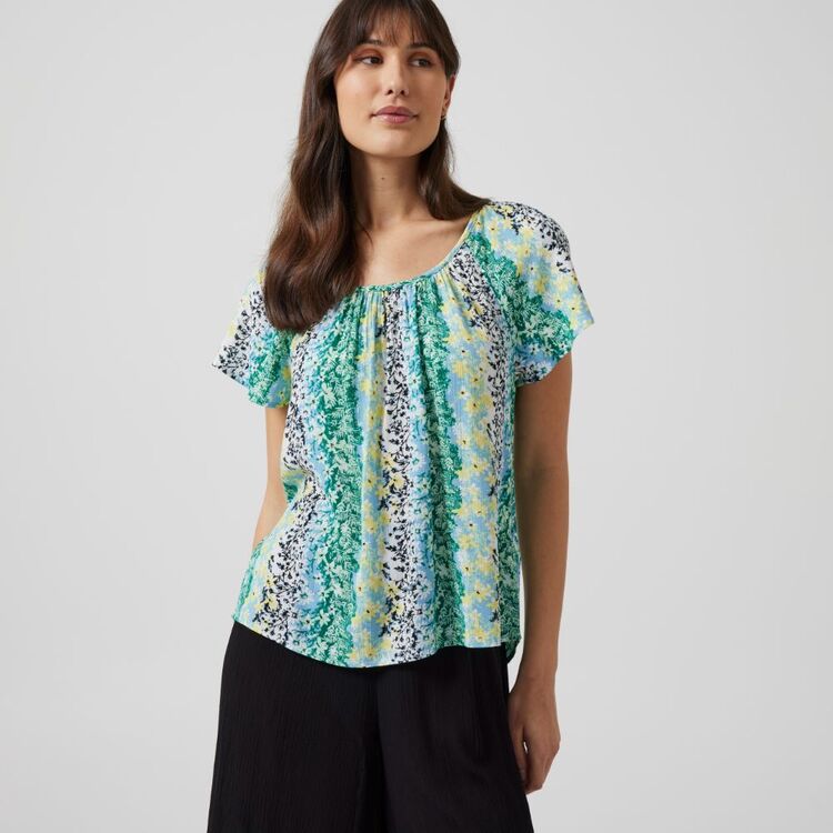 Khoko Collection Women's Gathered Neck Crinkle Peasant Top Floral Print