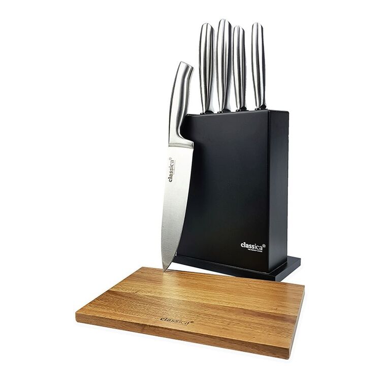 Classica 6-Piece Black Knife Block Set with Acacia Chopping Board