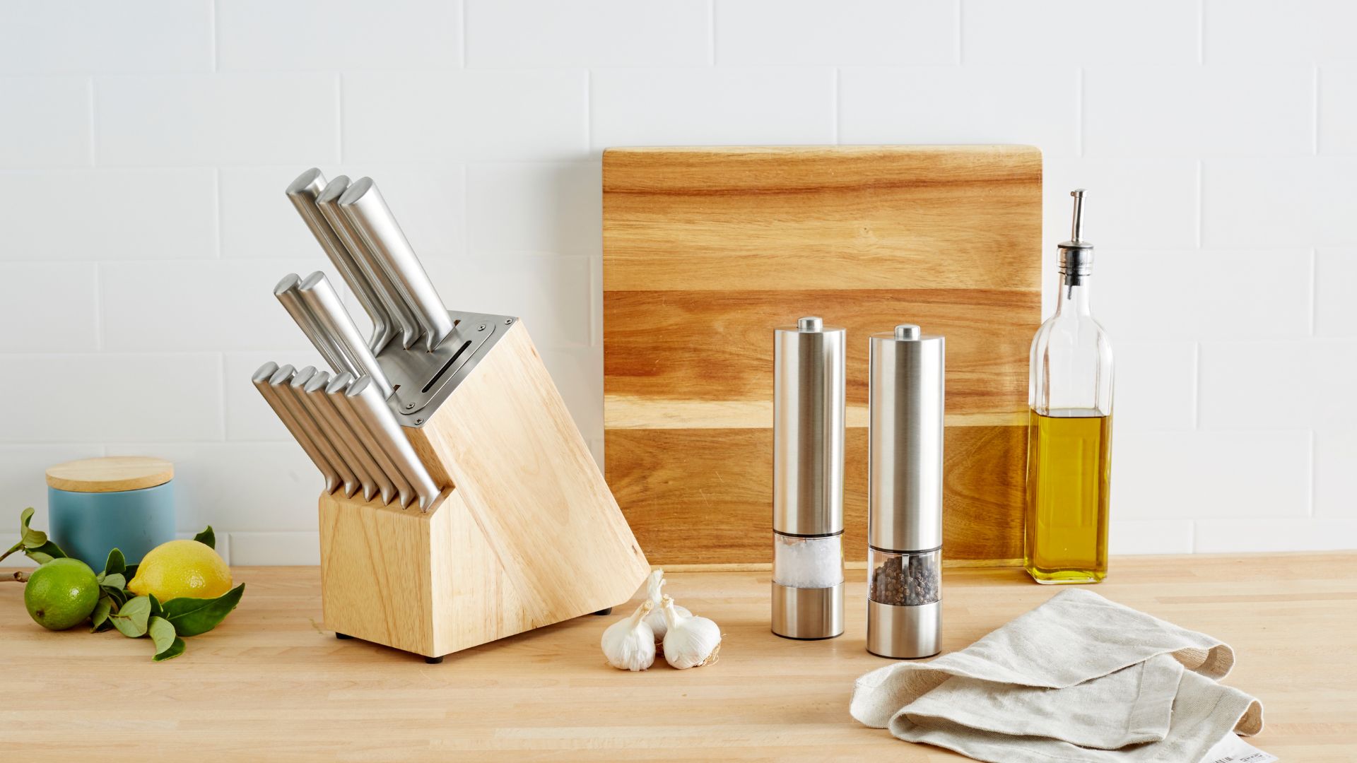 Smith + Nobel 12-Piece Knife Block and a square wooden chopping board
