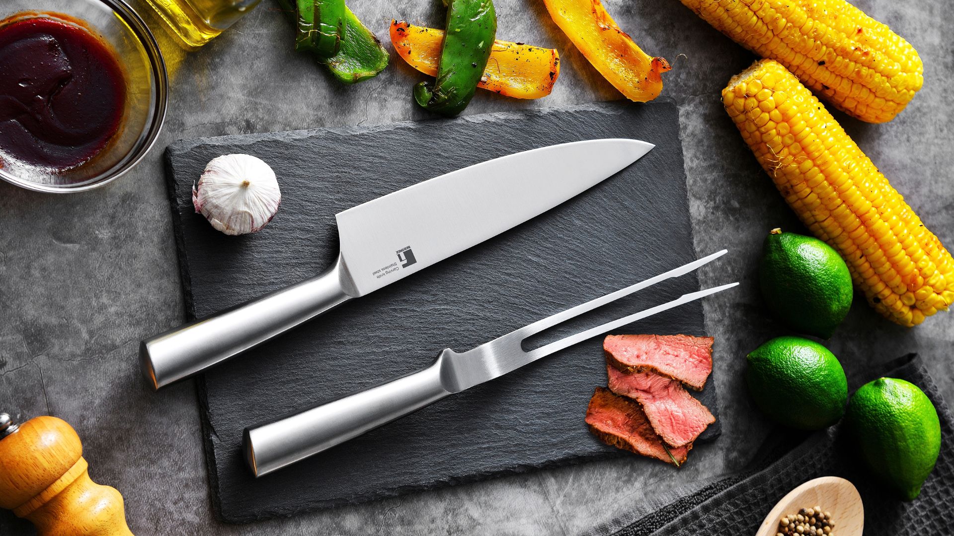 Bergner 2 Piece Stainless Steel BBQ Carving Knife & Fork Set