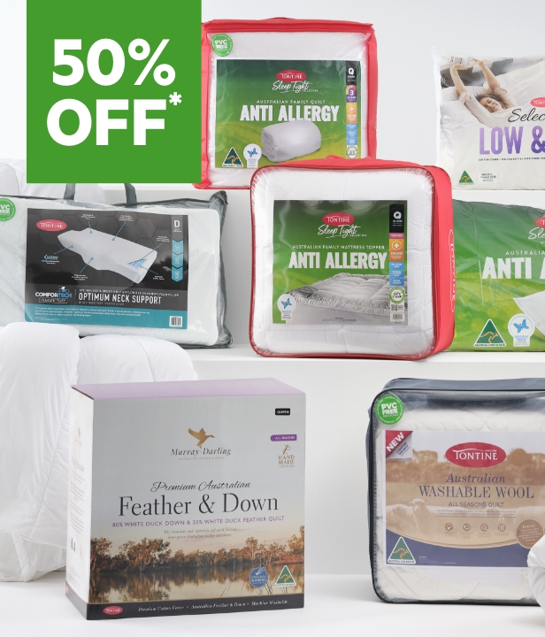 50% Off All Quilts, Pillows, Toppers, Blankets, Underlays & Mattress Protectors