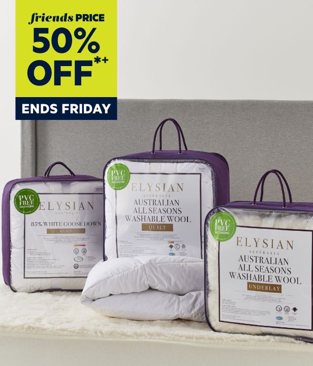 50% Off Full Priced Quilts, Pillows, Toppers, Underlays & Blankets
