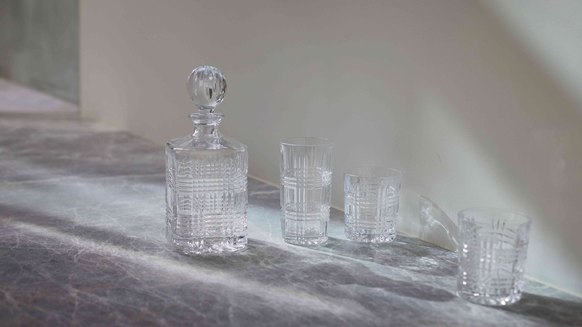 Luxe Living Area - Crystal Decanter & Tumblers