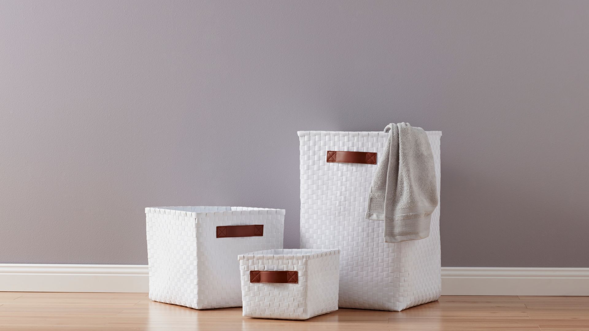 Set of white storage baskets