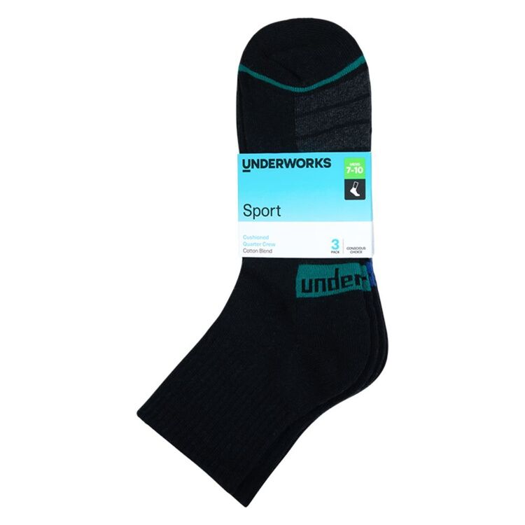 Underworks Men's Quarter Crew Sport Socks 3 Pack Black | Harris Scarfe