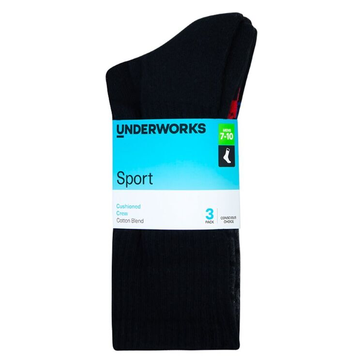 Underworks Men's Sports Crew Socks 3 Pack Black | Harris Scarfe