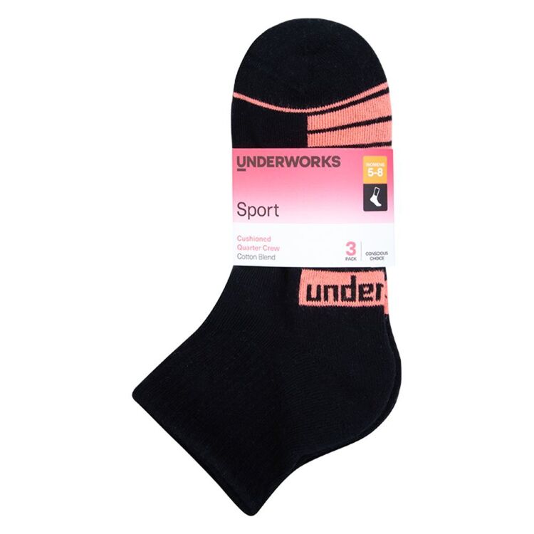 Underworks Women's Sport Quarter Sock 3 Pack Black | Harris Scarfe
