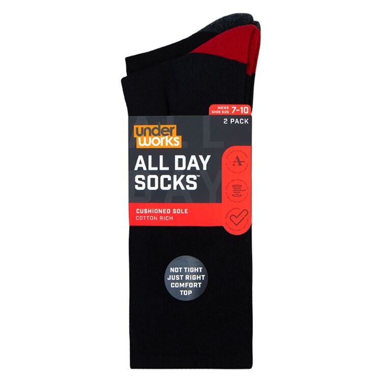 Underworks Men's All Day Heel & Toe Cushion Crew Socks 2 Pack Black ...