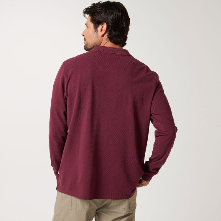 JC Lanyon Men's Dyer Long Sleeve Solid Colour Pique Polo Wine