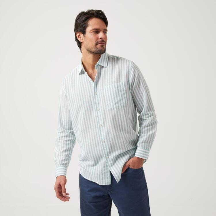 JC Lanyon Men's Highbrook Linen Cotton Long Sleeve Shirt Green Stripe