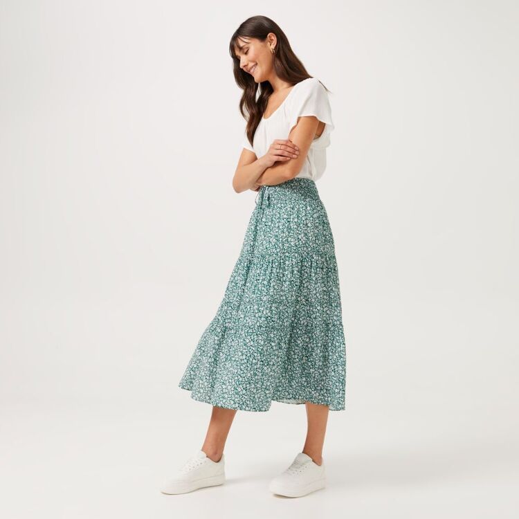 Khoko Collection Women's Print Tiered Crinkle Skirt Green