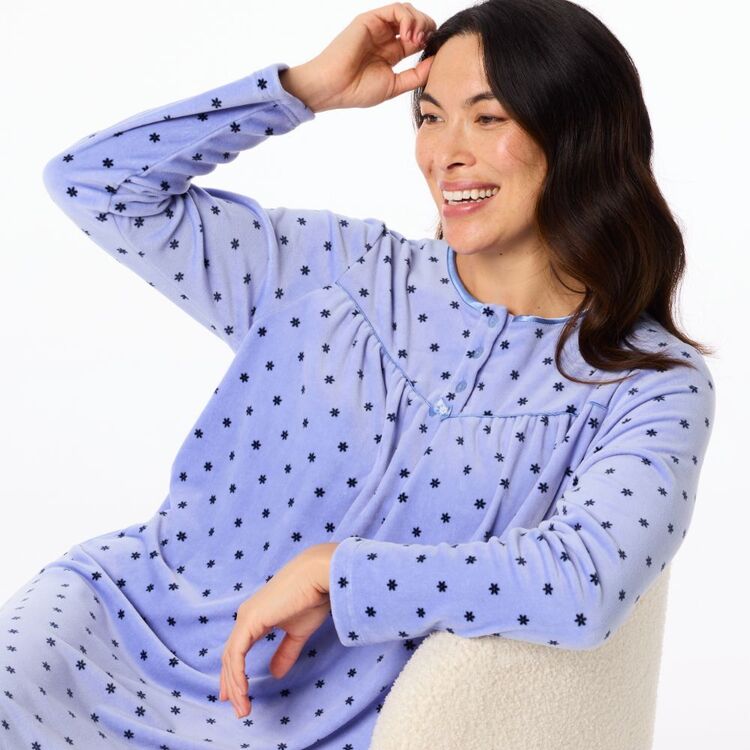 Sash Rose Women's Long Sleeve Velour Nightie Light Blue