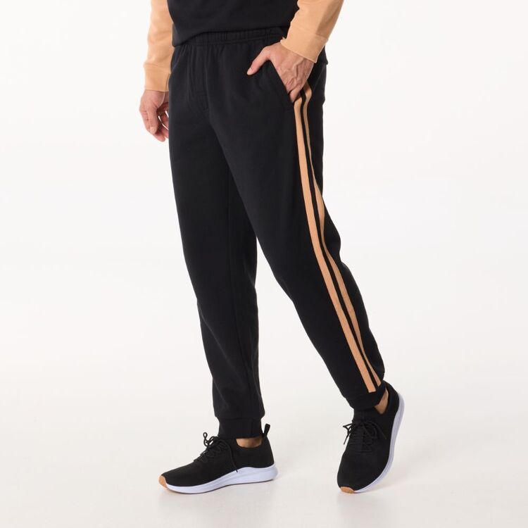 JC Lanyon Essentials Men's Hardy Straight Leg Track Pants with Stripe Cuff Black Tan