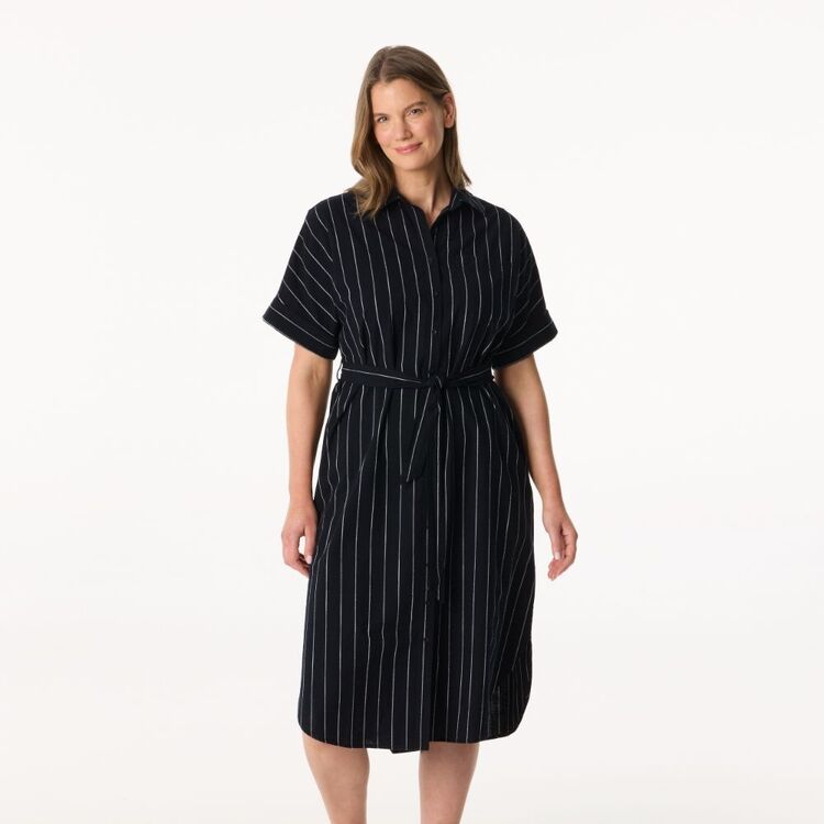 Khoko Collection Women's Cotton Shirt Dress Black, White Stripe