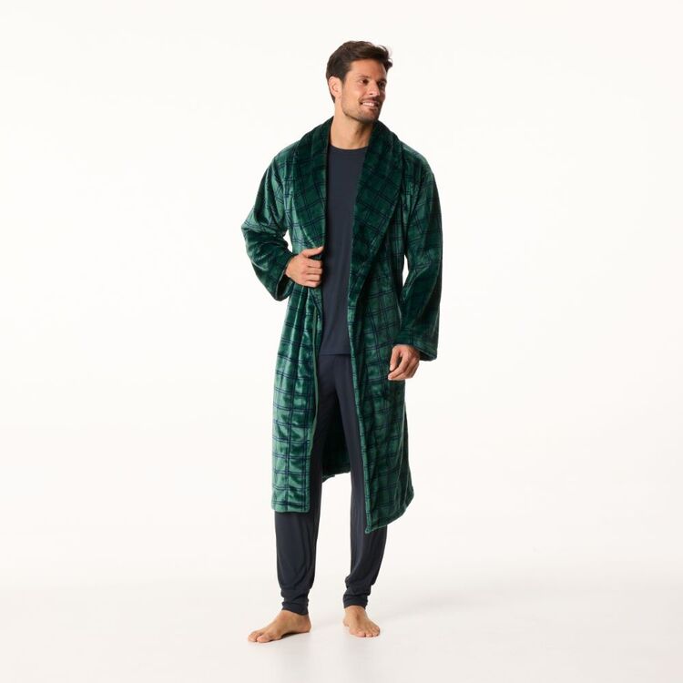 JC Lanyon Men's Fleece Gown Navy & Green JC Lanyon Men's Fleece Gown Navy & Green