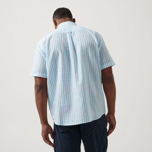 JC Lanyon Men's Linen Cotton Stripe Short Sleeve Shirt Aqua Stripe