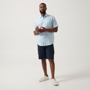 JC Lanyon Men's Linen Cotton Stripe Short Sleeve Shirt Aqua Stripe