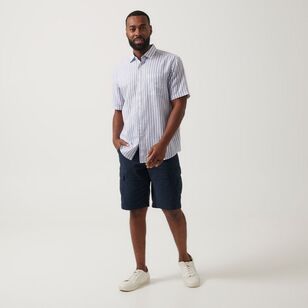 JC Lanyon Men's Linen Cotton Stripe Short Sleeve Shirt Navy & Stripe